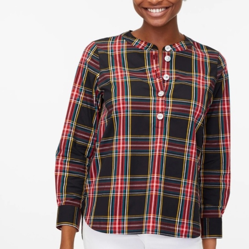 J Crew Factory Holiday Plaid Jeweled Button Popover Relaxed Fit Tunic Blouse S